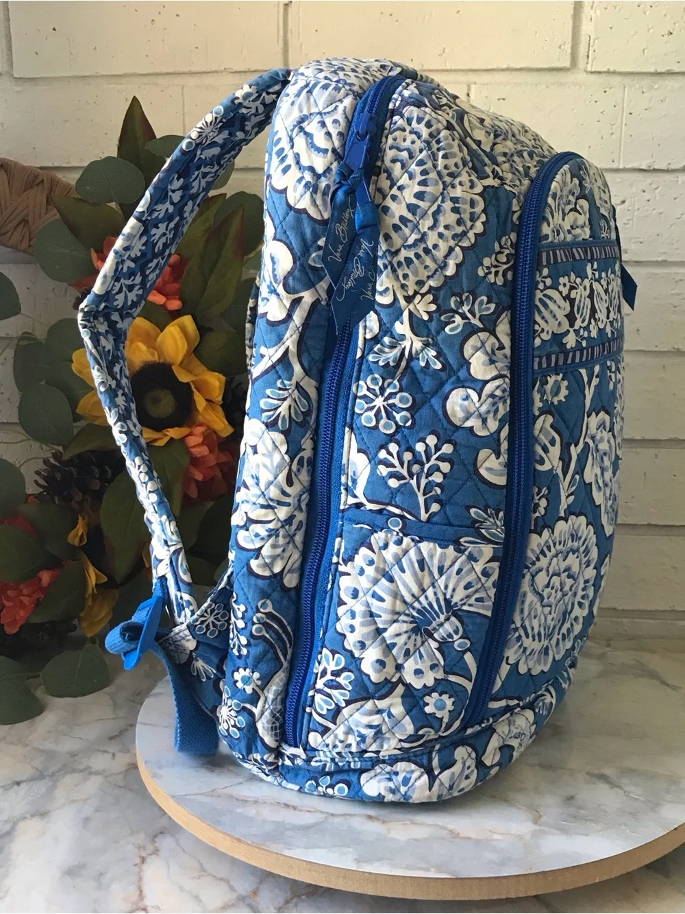 Vera Bradley Blue Lagoon Backpack Padded Laptop Quilted Floral Tote
